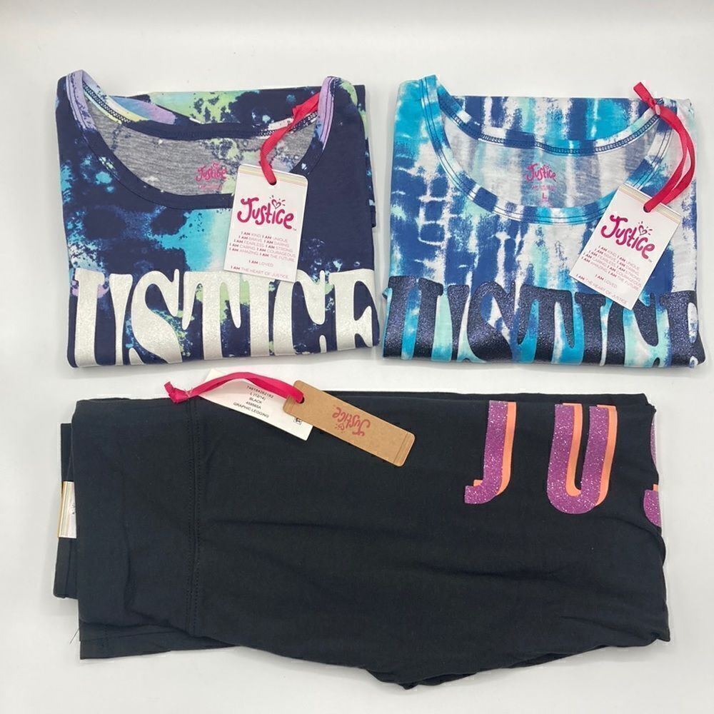 JUSTICE GIRLS SHORT SLEEVE Tie Dye Tee T-Shirts & Leggings 3pc Set Size L 12/14